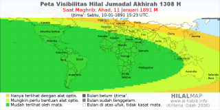 HilalMap: Peta Visibilitas Hilal Jumadal-Akhirah 1308 H: rukyat tanggal 1891-1-11 M