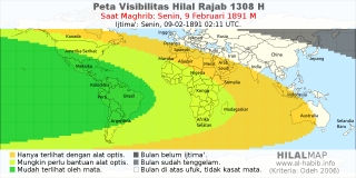 HilalMap: Peta Visibilitas Hilal Rajab 1308 H: rukyat tanggal 1891-2-9 M