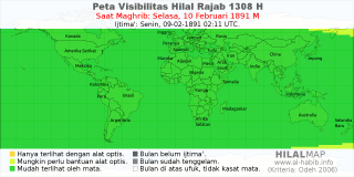 HilalMap: Peta Visibilitas Hilal Rajab 1308 H: rukyat tanggal 1891-2-10 M