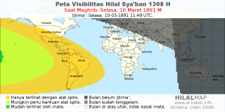 HilalMap: Peta Visibilitas Hilal Syaban 1308 H: rukyat tanggal 1891-3-10 M