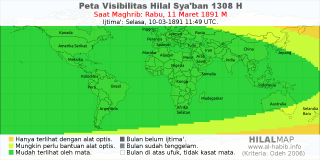HilalMap: Peta Visibilitas Hilal Syaban 1308 H: rukyat tanggal 1891-3-11 M