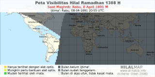 HilalMap: Peta Visibilitas Hilal Ramadhan 1308 H: rukyat tanggal 1891-4-8 M