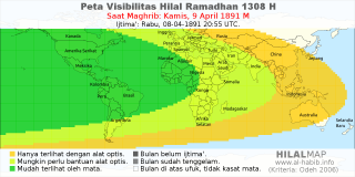 HilalMap: Peta Visibilitas Hilal Ramadhan 1308 H: rukyat tanggal 1891-4-9 M