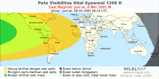 HilalMap: Peta Visibilitas Hilal Syawwal 1308 H: rukyat tanggal 1891-5-8 M