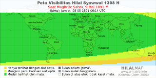 HilalMap: Peta Visibilitas Hilal Syawwal 1308 H: rukyat tanggal 1891-5-9 M