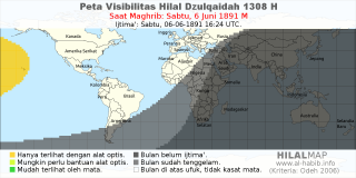 HilalMap: Peta Visibilitas Hilal Dzulqaidah 1308 H: rukyat tanggal 1891-6-6 M