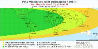 HilalMap: Peta Visibilitas Hilal Dzulqaidah 1308 H: rukyat tanggal 1891-6-7 M