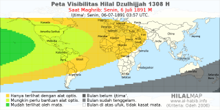 HilalMap: Peta Visibilitas Hilal Dzulhijjah 1308 H: rukyat tanggal 1891-7-6 M