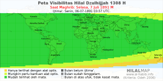 HilalMap: Peta Visibilitas Hilal Dzulhijjah 1308 H: rukyat tanggal 1891-7-7 M