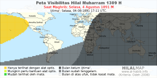 HilalMap: Peta Visibilitas Hilal Muharram 1309 H: rukyat tanggal 1891-8-4 M