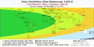 HilalMap: Peta Visibilitas Hilal Muharram 1309 H: rukyat tanggal 1891-8-5 M