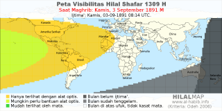 HilalMap: Peta Visibilitas Hilal Shafar 1309 H: rukyat tanggal 1891-9-3 M