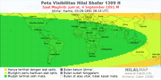 HilalMap: Peta Visibilitas Hilal Shafar 1309 H: rukyat tanggal 1891-9-4 M