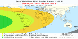 HilalMap: Peta Visibilitas Hilal Rabiul-Awwal 1309 H: rukyat tanggal 1891-10-3 M