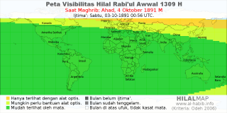 HilalMap: Peta Visibilitas Hilal Rabiul-Awwal 1309 H: rukyat tanggal 1891-10-4 M