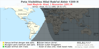 HilalMap: Peta Visibilitas Hilal Rabiul-Akhir 1309 H: rukyat tanggal 1891-11-1 M