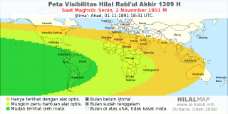 HilalMap: Peta Visibilitas Hilal Rabiul-Akhir 1309 H: rukyat tanggal 1891-11-2 M