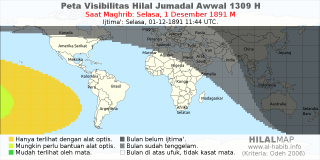 HilalMap: Peta Visibilitas Hilal Jumadal-Awwal 1309 H: rukyat tanggal 1891-12-1 M