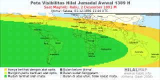HilalMap: Peta Visibilitas Hilal Jumadal-Awwal 1309 H: rukyat tanggal 1891-12-2 M