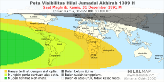 HilalMap: Peta Visibilitas Hilal Jumadal-Akhirah 1309 H: rukyat tanggal 1891-12-31 M