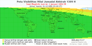 HilalMap: Peta Visibilitas Hilal Jumadal-Akhirah 1309 H: rukyat tanggal 1892-1-1 M