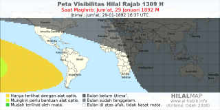 HilalMap: Peta Visibilitas Hilal Rajab 1309 H: rukyat tanggal 1892-1-29 M
