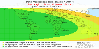 HilalMap: Peta Visibilitas Hilal Rajab 1309 H: rukyat tanggal 1892-1-30 M