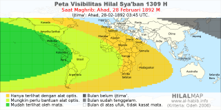HilalMap: Peta Visibilitas Hilal Syaban 1309 H: rukyat tanggal 1892-2-28 M