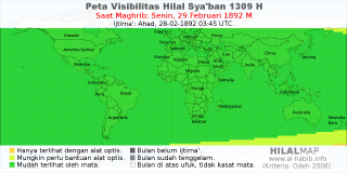 HilalMap: Peta Visibilitas Hilal Syaban 1309 H: rukyat tanggal 1892-2-29 M