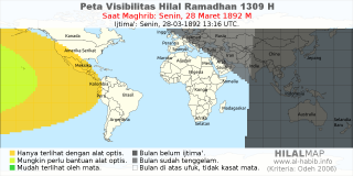 HilalMap: Peta Visibilitas Hilal Ramadhan 1309 H: rukyat tanggal 1892-3-28 M