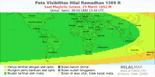 HilalMap: Peta Visibilitas Hilal Ramadhan 1309 H: rukyat tanggal 1892-3-29 M