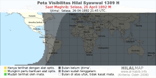 HilalMap: Peta Visibilitas Hilal Syawwal 1309 H: rukyat tanggal 1892-4-26 M