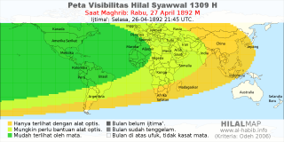 HilalMap: Peta Visibilitas Hilal Syawwal 1309 H: rukyat tanggal 1892-4-27 M