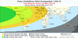 HilalMap: Peta Visibilitas Hilal Dzulqaidah 1309 H: rukyat tanggal 1892-5-26 M
