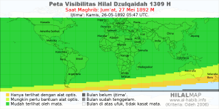 HilalMap: Peta Visibilitas Hilal Dzulqaidah 1309 H: rukyat tanggal 1892-5-27 M