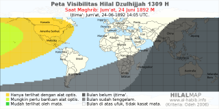 HilalMap: Peta Visibilitas Hilal Dzulhijjah 1309 H: rukyat tanggal 1892-6-24 M
