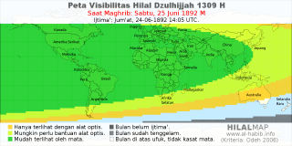 HilalMap: Peta Visibilitas Hilal Dzulhijjah 1309 H: rukyat tanggal 1892-6-25 M