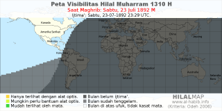 HilalMap: Peta Visibilitas Hilal Muharram 1310 H: rukyat tanggal 1892-7-23 M
