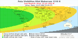 HilalMap: Peta Visibilitas Hilal Muharram 1310 H: rukyat tanggal 1892-7-24 M