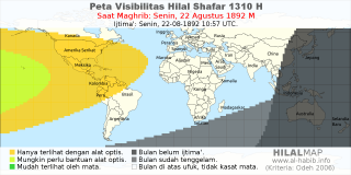 HilalMap: Peta Visibilitas Hilal Shafar 1310 H: rukyat tanggal 1892-8-22 M