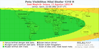 HilalMap: Peta Visibilitas Hilal Shafar 1310 H: rukyat tanggal 1892-8-23 M