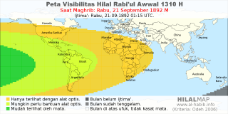 HilalMap: Peta Visibilitas Hilal Rabiul-Awwal 1310 H: rukyat tanggal 1892-9-21 M