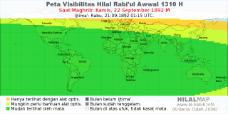 HilalMap: Peta Visibilitas Hilal Rabiul-Awwal 1310 H: rukyat tanggal 1892-9-22 M