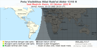 HilalMap: Peta Visibilitas Hilal Rabiul-Akhir 1310 H: rukyat tanggal 1892-10-20 M