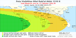 HilalMap: Peta Visibilitas Hilal Rabiul-Akhir 1310 H: rukyat tanggal 1892-10-21 M