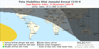 HilalMap: Peta Visibilitas Hilal Jumadal-Awwal 1310 H: rukyat tanggal 1892-11-19 M