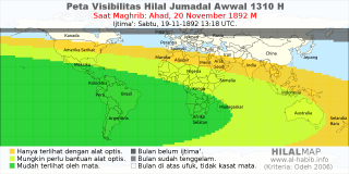 HilalMap: Peta Visibilitas Hilal Jumadal-Awwal 1310 H: rukyat tanggal 1892-11-20 M