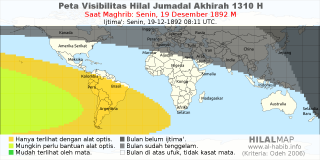 HilalMap: Peta Visibilitas Hilal Jumadal-Akhirah 1310 H: rukyat tanggal 1892-12-19 M