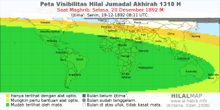 HilalMap: Peta Visibilitas Hilal Jumadal-Akhirah 1310 H: rukyat tanggal 1892-12-20 M