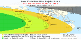HilalMap: Peta Visibilitas Hilal Rajab 1310 H: rukyat tanggal 1893-1-18 M